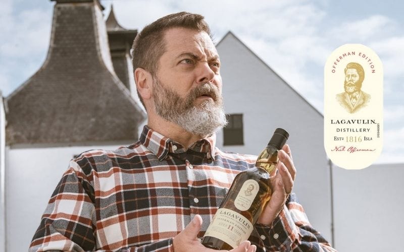 Offerman holding a bottle of Lagavulin - Image by mensjournal.com