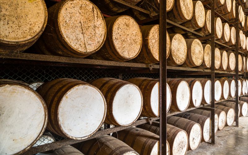 Shelves with oak rum barrels
