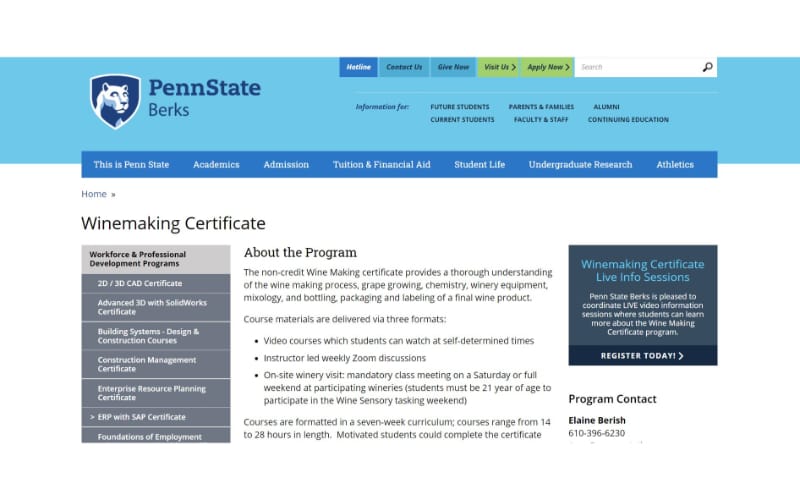 Winemaking Certificate Penn State Berks website 