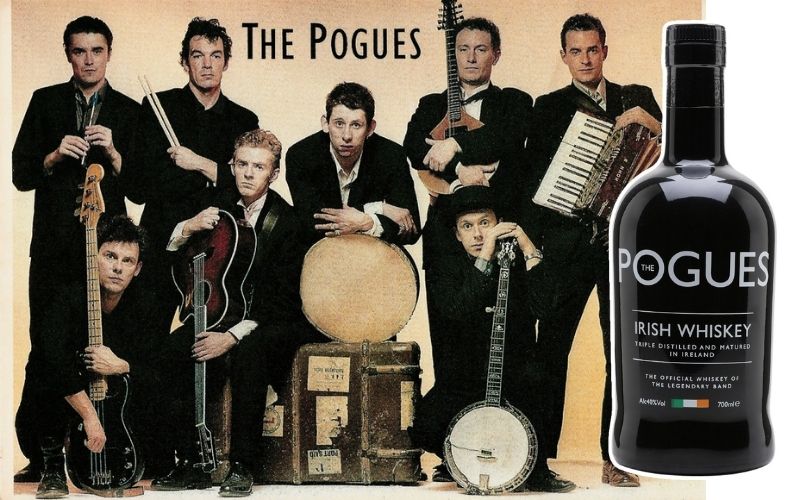 Side-by-side of The Pogues and a bottle of their liquor