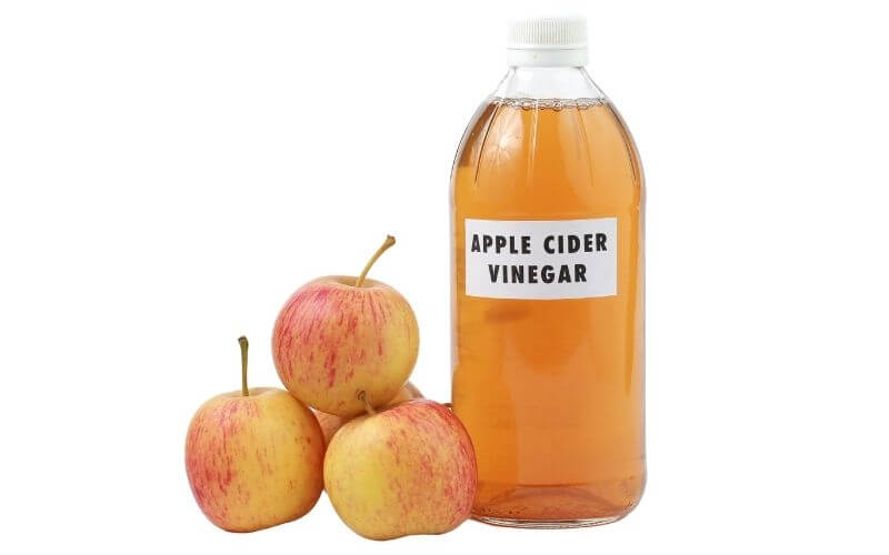 A bottle of apple cider vinegar beside four apples