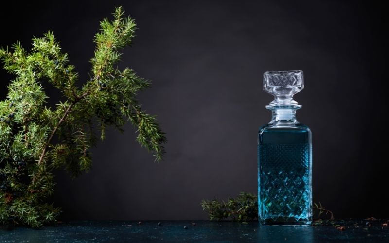 A bottle of blue gin decanter beside a plant