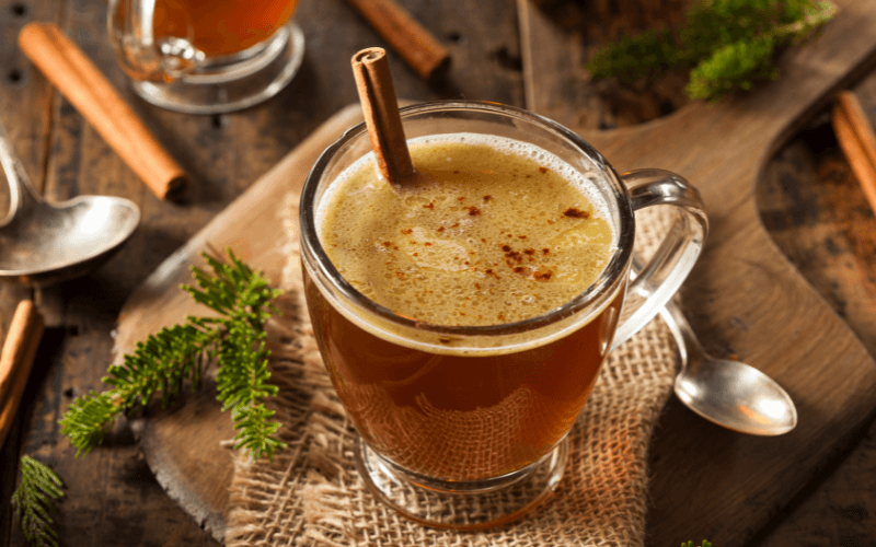 A glass of Hot Buttered Hazelnut Whiskey