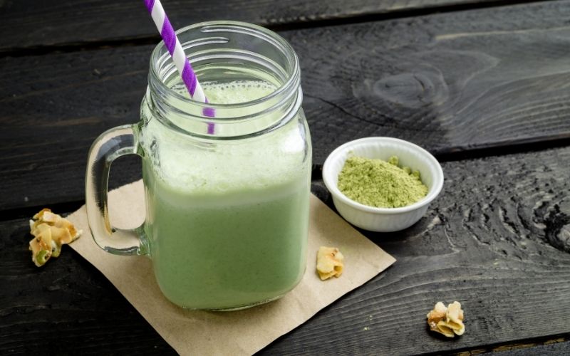 A glass of Vanilla Matcha Smoothie