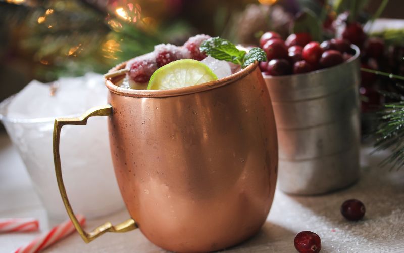 A mug of cape May mule with cranberries in the background