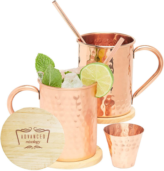 Advanced Mixology Moscow Mule Copper Mugs - Set of 2-100% HANDCRAFTED - Pure Solid Copper Mugs 