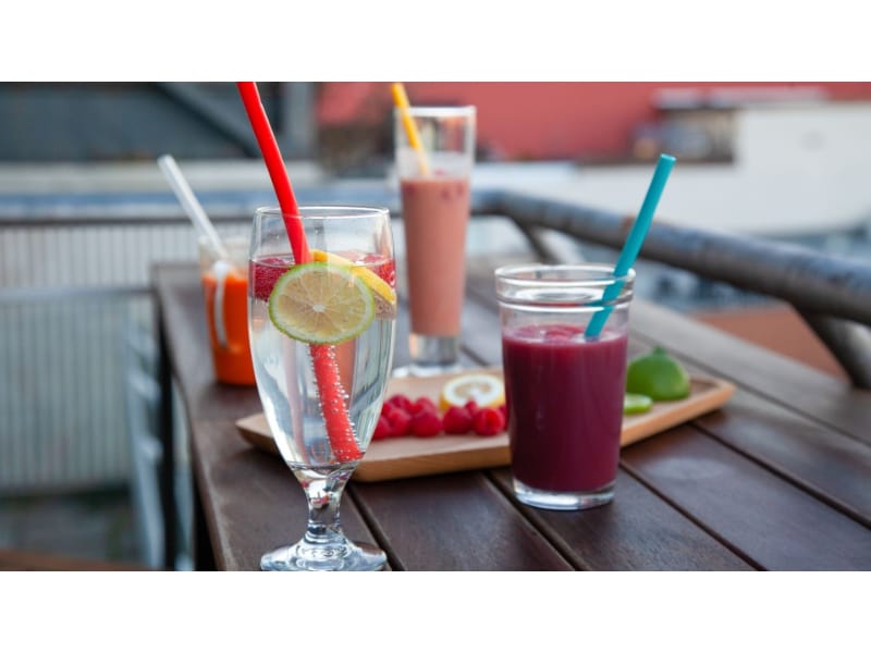 Silicone straws used on different beverages such as smoothies and juices
