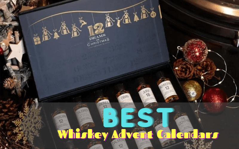 Advent box of whiskey bottles surrounded by Christmas ornaments