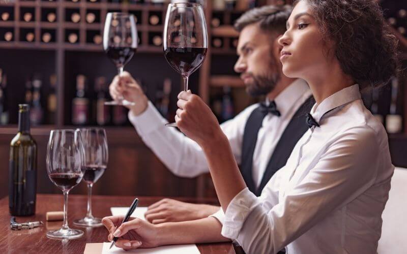 Bartenders studying wine