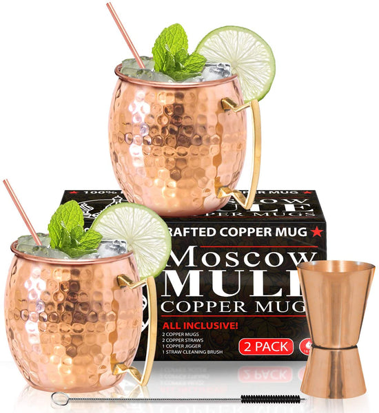 Benicci, Moscow Mule Copper Mugs-Set of 2 16 Ounce Mug with 2 Copper Straws and 1 Jigger