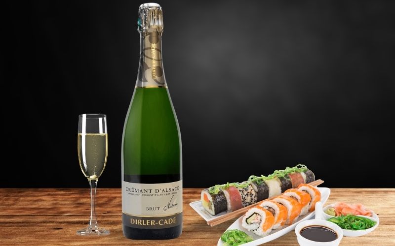 Domaine Dirler-Cade Cremant d'Alsace Brut Nature 2016 and Sushi