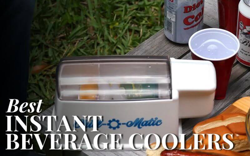 Beverage cooler on a wooden surface with food and drinks