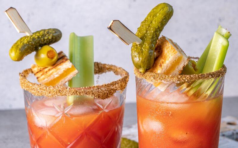 Bloody Mary beer cocktails with pickled vegetables