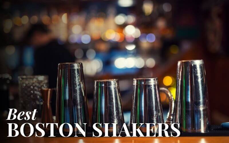 Boston cocktail shakers on a bar counter