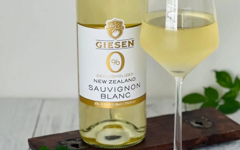 Bottle of Giesen dealcoholized wine and a wine glass