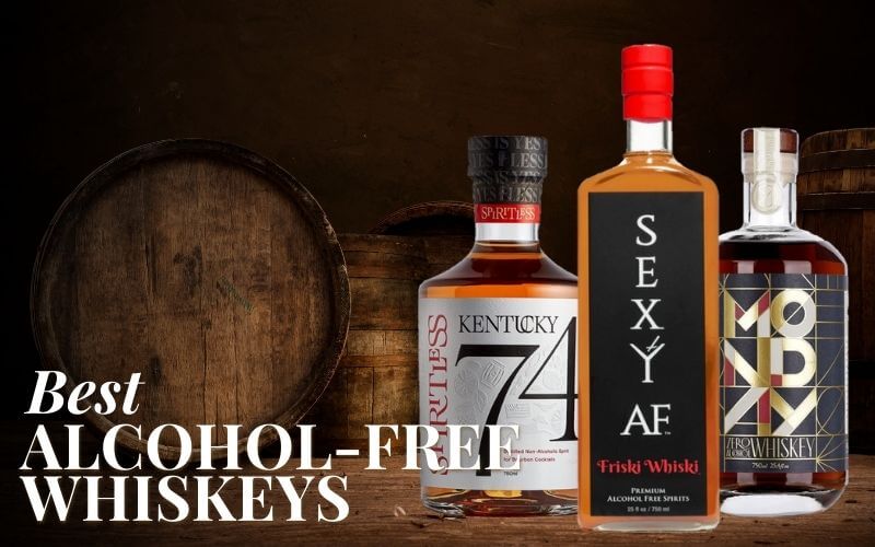 Bottles of alcohol-free whiskey with barrels