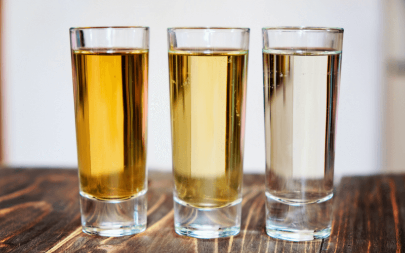 Three categories of tequila in shot glasses