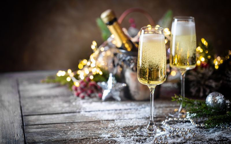 Champagne in glasses with Christmas decorations