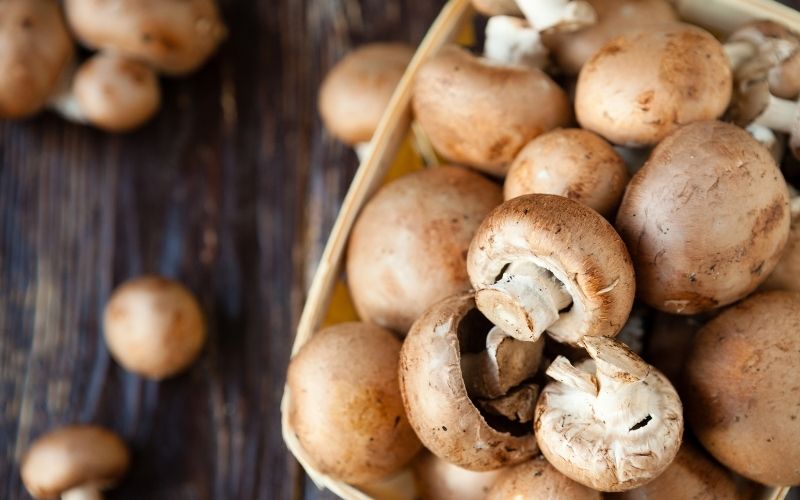 Champignon mushrooms in a basket on a dark board