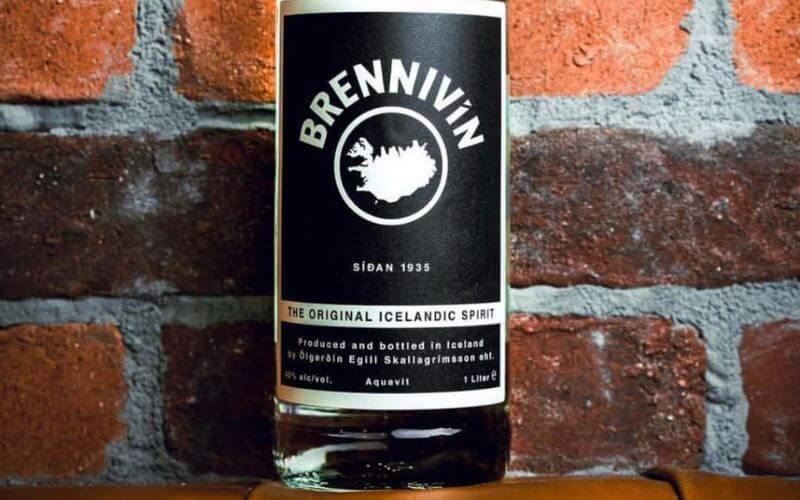 Closeup of a Brennivín bottle