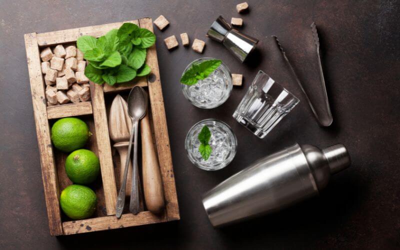 Cocktail ingredients and bar tools