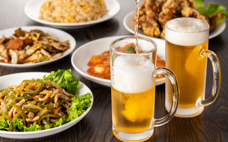 Beer and food on a table