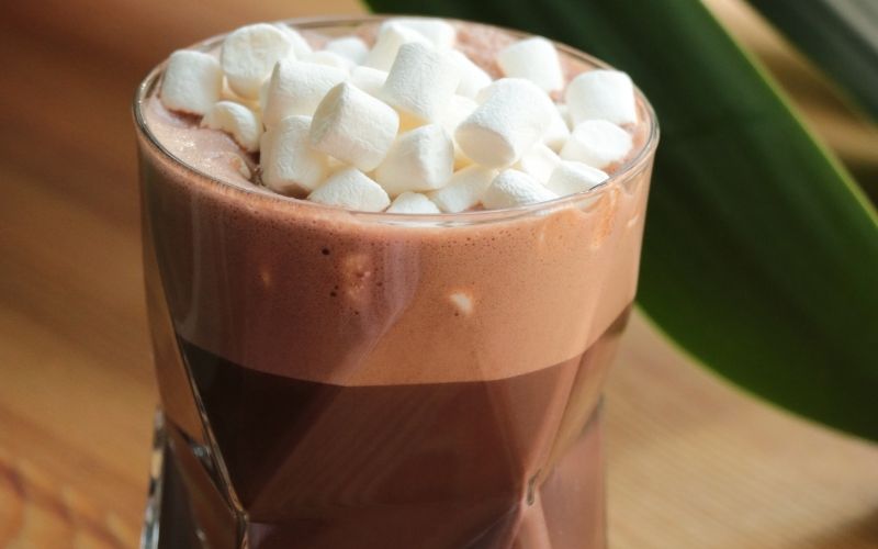 A cup of salted caramel rum hot chocolate