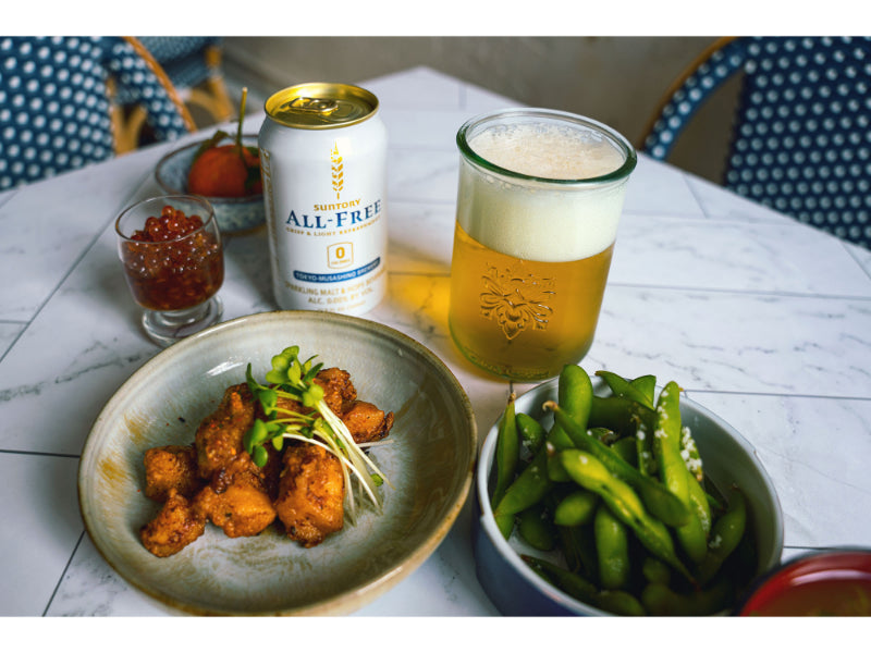 Suntory All Free Non Alcoholic Beer with Fried Chicken on the table