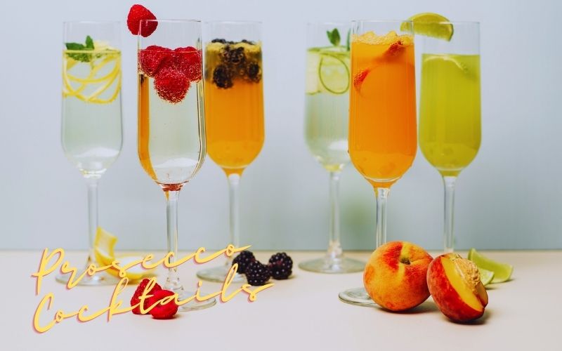 Different Prosecco Cocktails in flute glasses