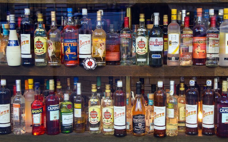 Different liquor bottles on a shelf