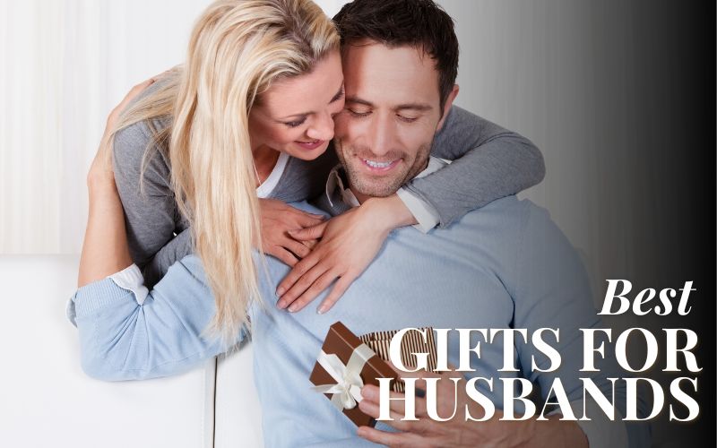 Wife giving his husband a surprise gift