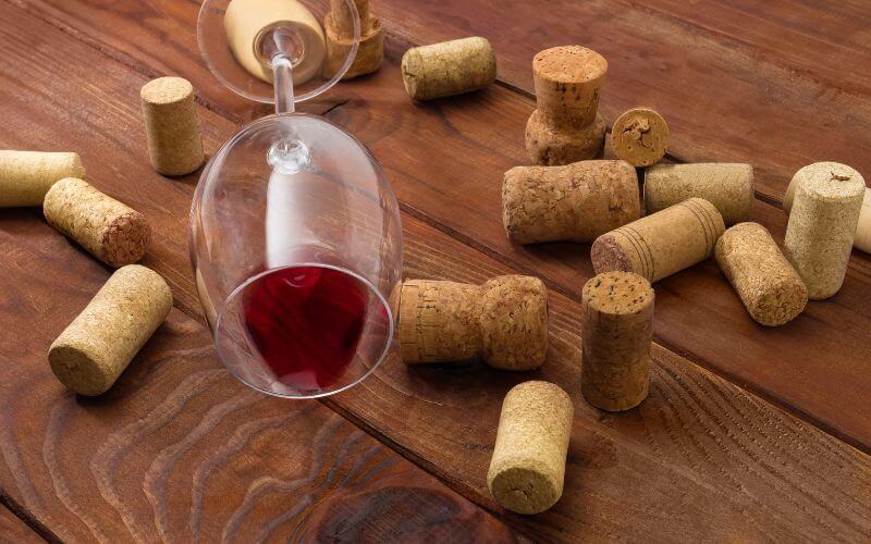 Glass with leftover wine and corks on a table
