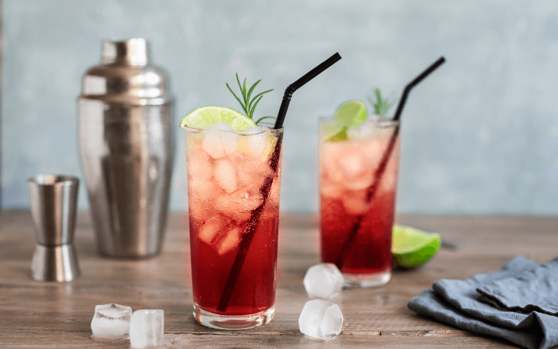 Glasses of sloe gin fizz in a wooden table