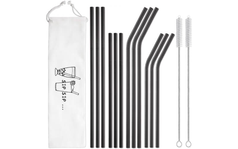 Hiware 12-Pack Black Stainless Steel Straws Reusable with Case