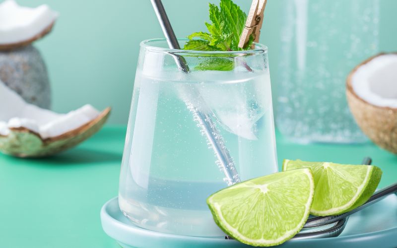 A glass serving of Lime n' Coconut Seltzer