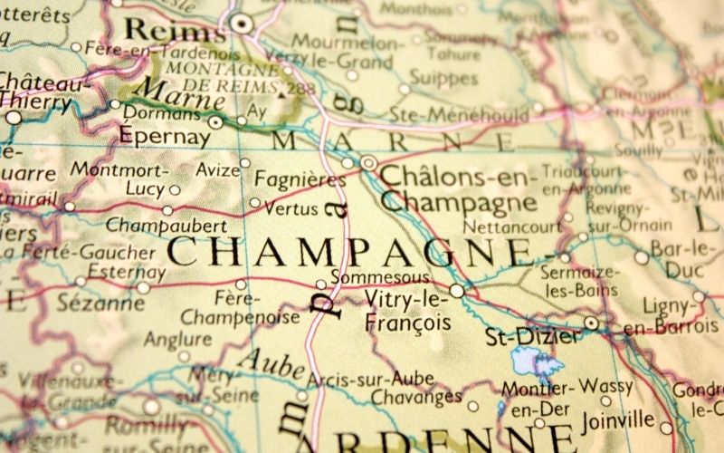 Map showing the Champagne region in France