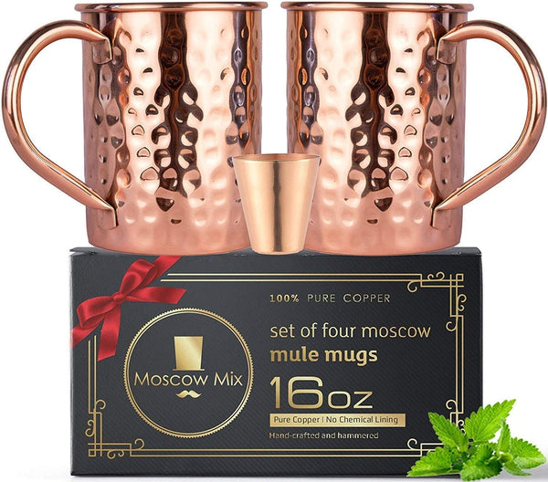 Moscow Mule Copper Mugs Set - FREE 2 Straws and Shot Glass - Set of 2 HandCrafted Food Safe Pure Solid Copper Mugs
