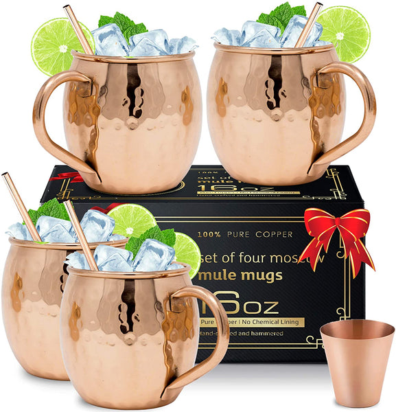 Moscow Mule Copper Mugs with 4 Straws and Shot Glass - Set of 4 HandCrafted Food Safe Pure Solid Copper Mugs