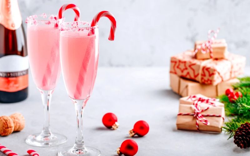 A glass of Peppermint Bark Mimosas