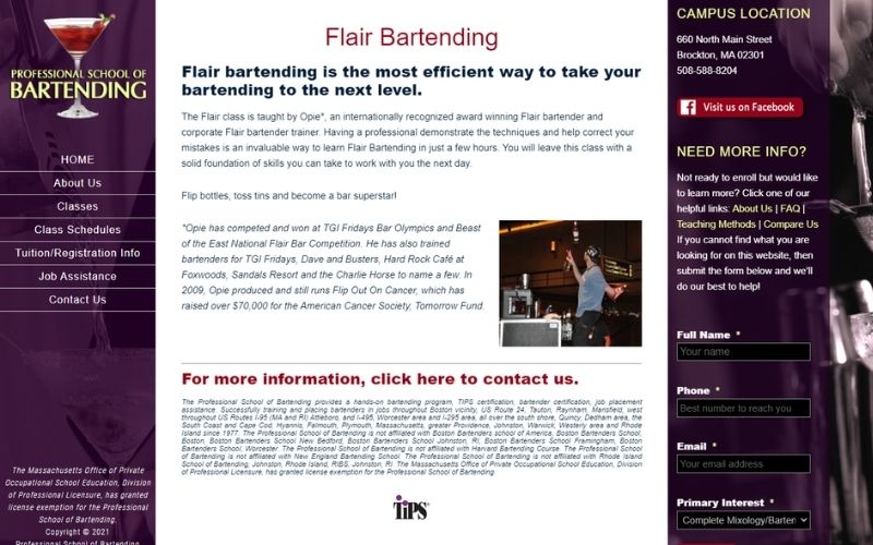 Professional School of Bartending website