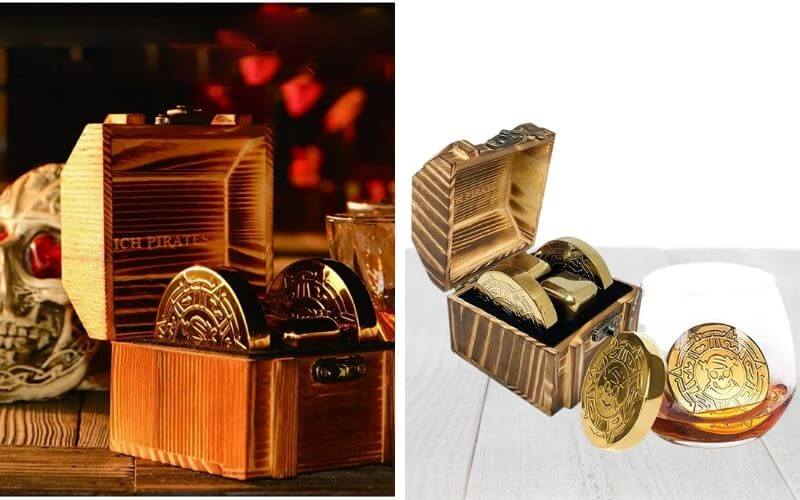 RICH PIRATES Gold Whiskey Coin and Cube Set