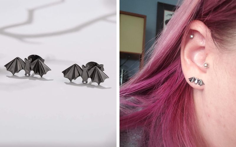 SA SILVERAGE Sterling Silver Black Bat Earrings