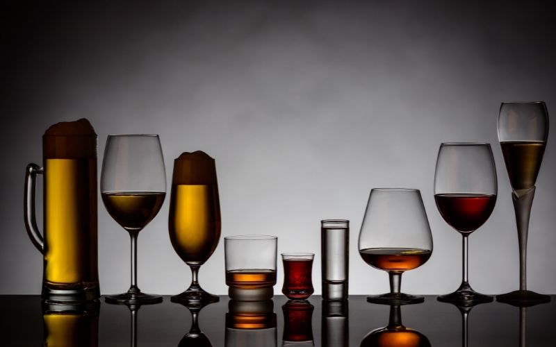 Glasses of different alcoholic beverages