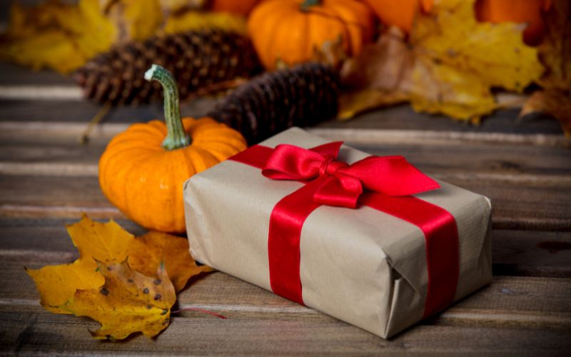 Small pumpkins and a gift box with a red ribbon