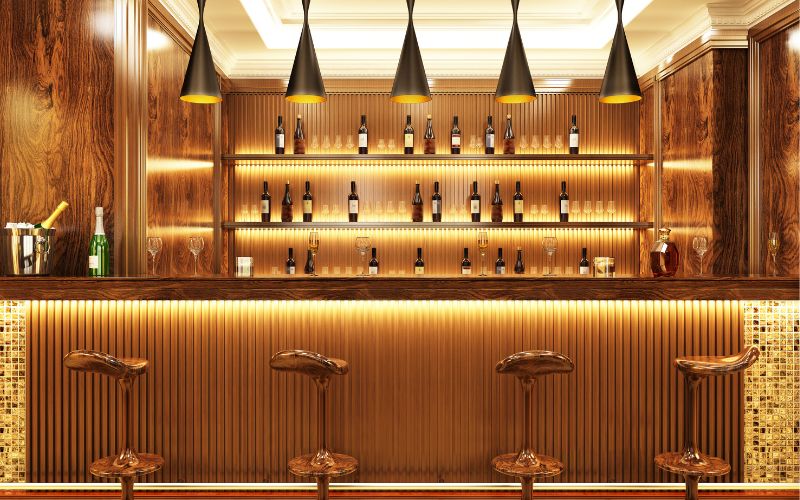 Stunning home bar with LED liquor shelves