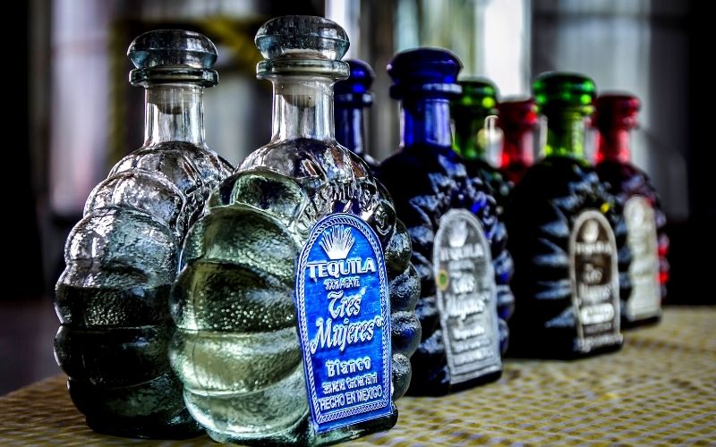 Bottles of high-end blue-labeled liquors