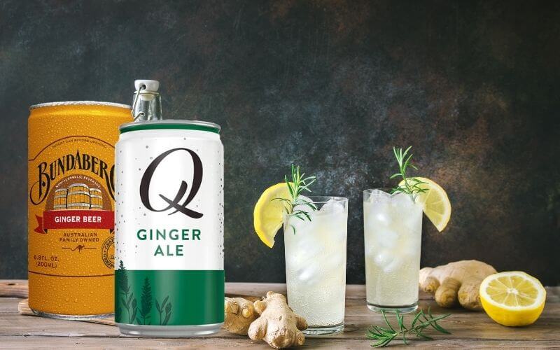 Two glasses of ginger beer with ginger and lemon