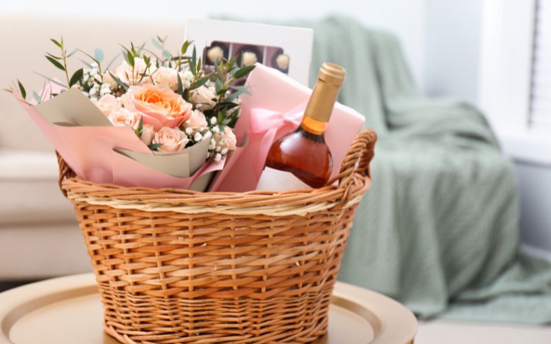 Wedding gift basket with flowers and wine