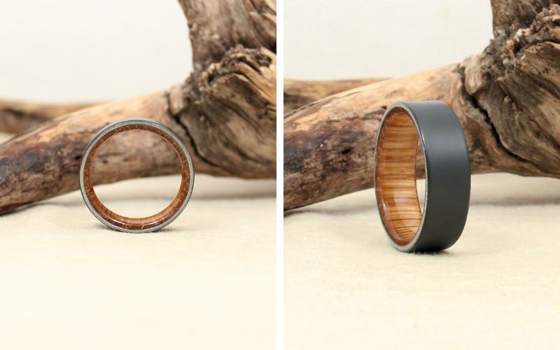 WedgeWood Rings Black Zirconium and Scotch Barrel Wood Ring