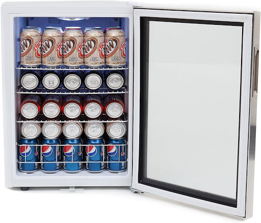 Whynter BR-091WS Beverage Cooler with various canned drinks